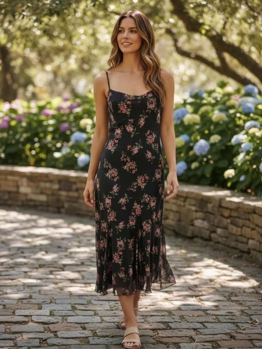 Rachel Zoe Floral Slip Midi Dress in Black with Pink Bloom